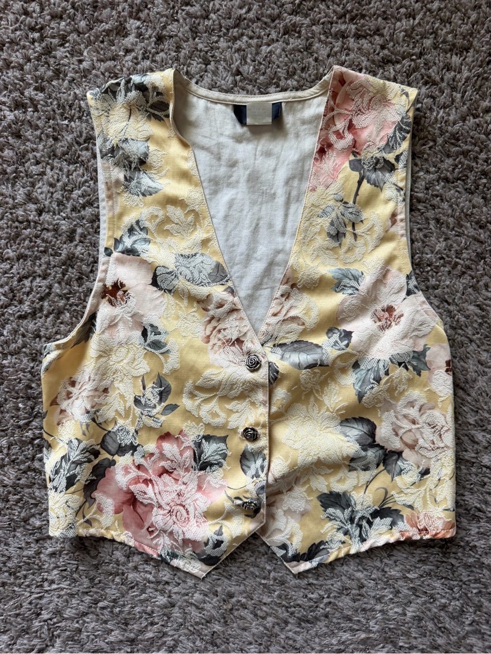 Vintage PASTA Floral Tapestry Vest Rose Buttons Cottagecore Brocade Yellow M